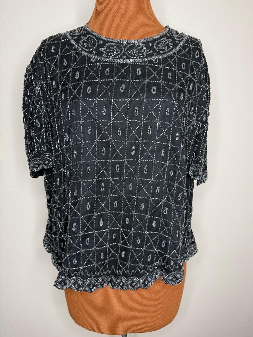 Papell Boutique Vintage Silk Beaded Short Sleeve Blouse Size 2X